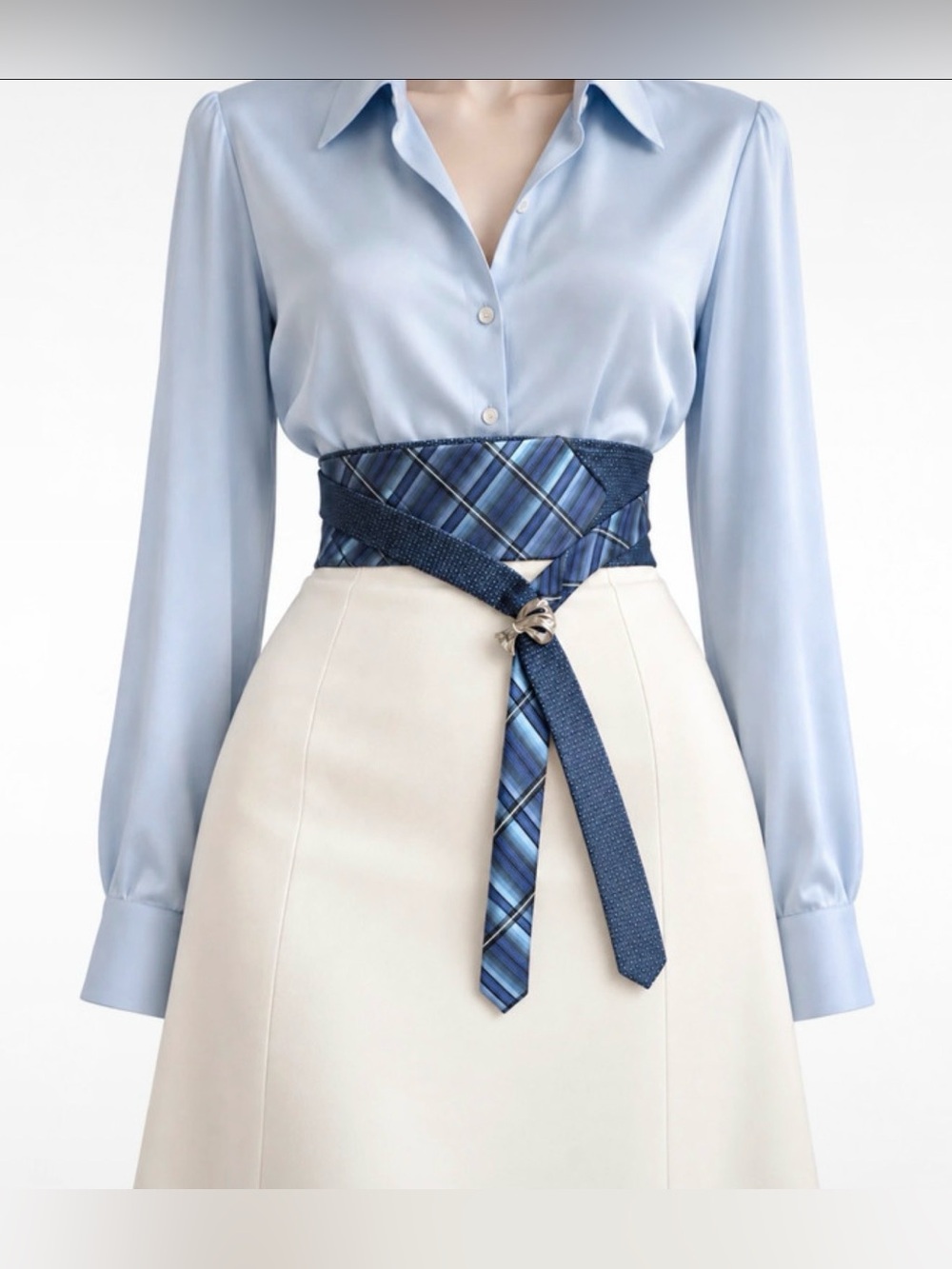 Vintage Silk Necktie Belt Blue Plaid Hidden Pocket Adjustable OOAK Empowered